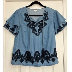 Crown & Ivy Curvy‎ S Embroidered Denim Top Women's Tiered Sleeve